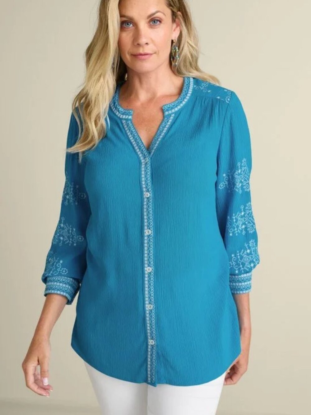 Soft Surroundings Imane Gauze Tunic Embroidered Crinkled Blue size 1X Resortwear - Picture 1 of 16